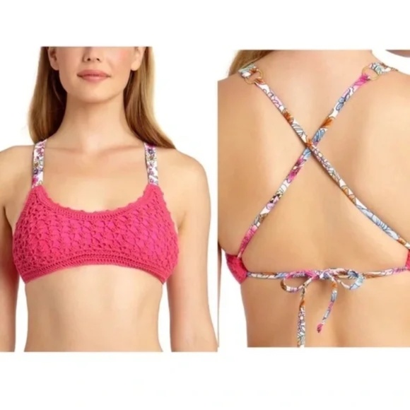 California Waves Crochet Bralette Bikini Top Raspberry Pink Floral Straps Size S - Picture 1 of 14
